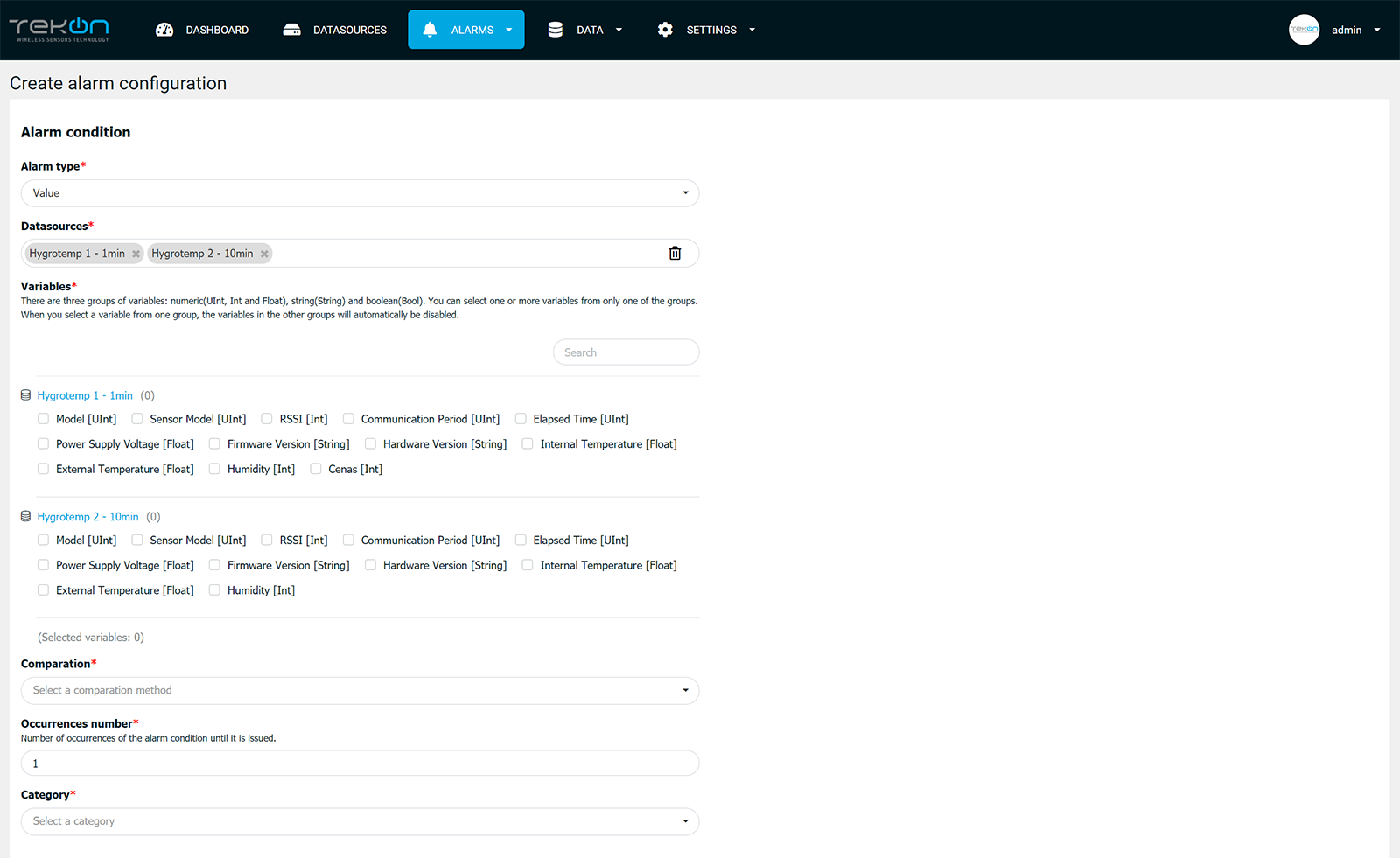 alarms variables Tekon IoT Platform