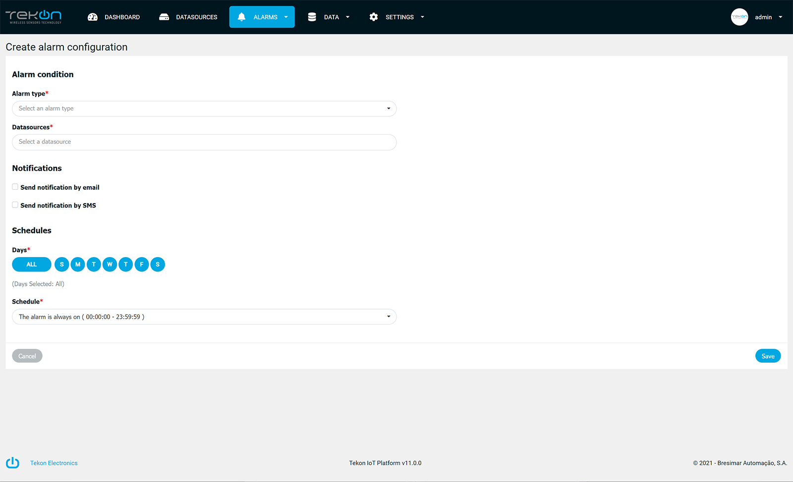 alarms configuration Tekon IoT Platform