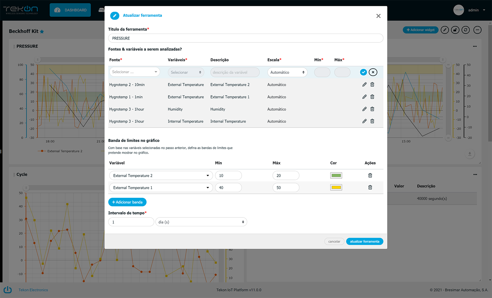 configuração de bandas Tekon IoT Platform