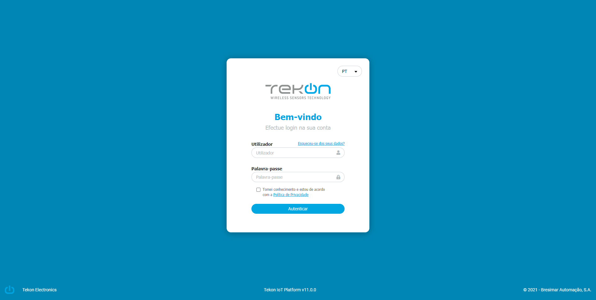 janela de login Tekon IoT Platform