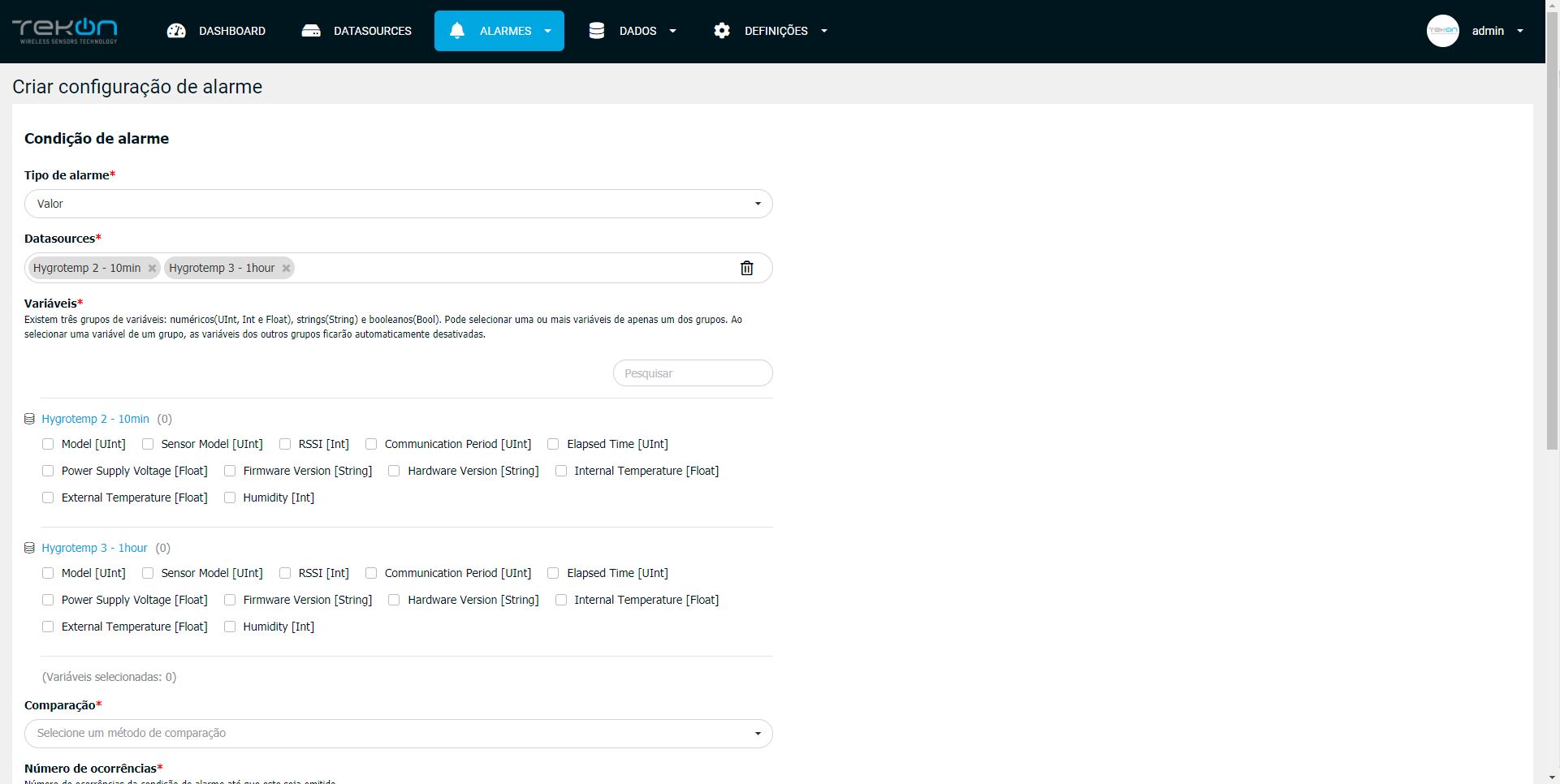 variáveis na configuração de alarmes Tekon IoT Platform