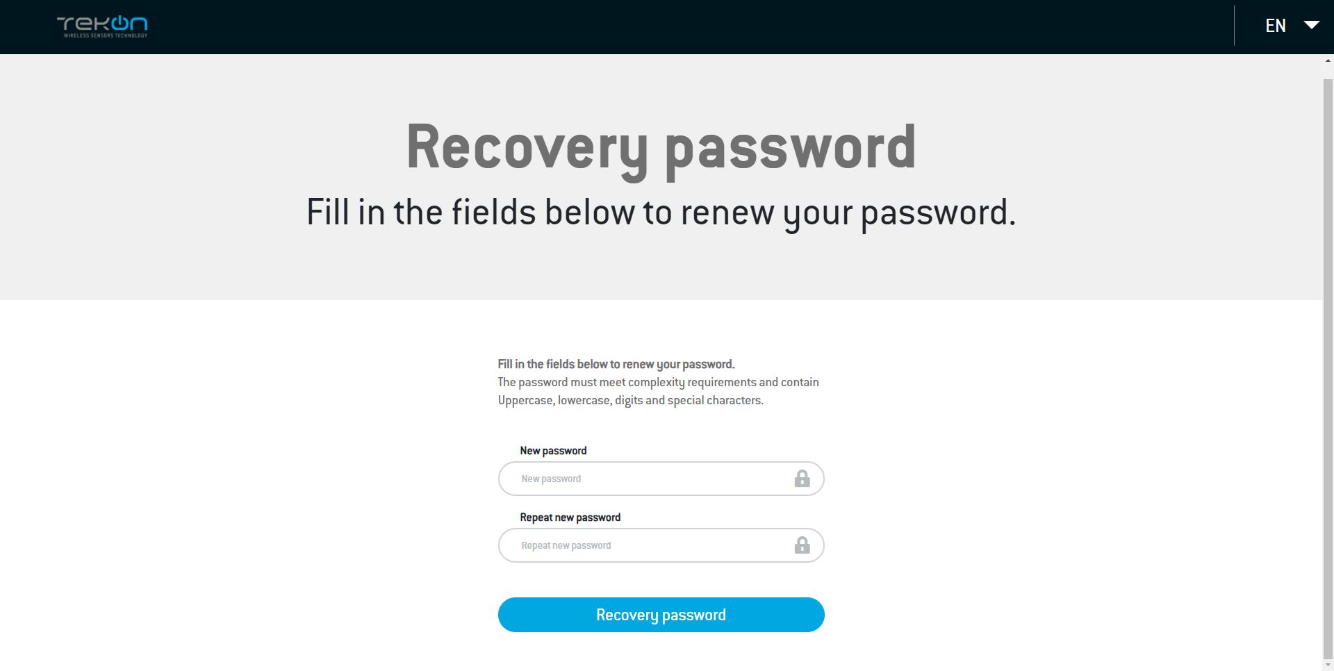 password recover page tekon iot platform