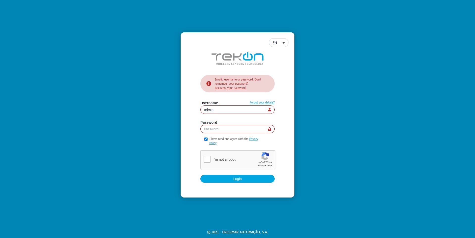 login attempts tekon iot platform